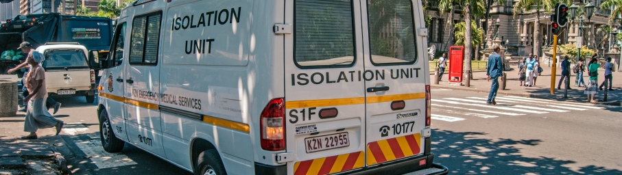 An ambulance ready to respond to COVID-19 cases in Durban, KwaZulu-Natal Photo: Khethukuthula Mbonambi, Wikimedia Commons 